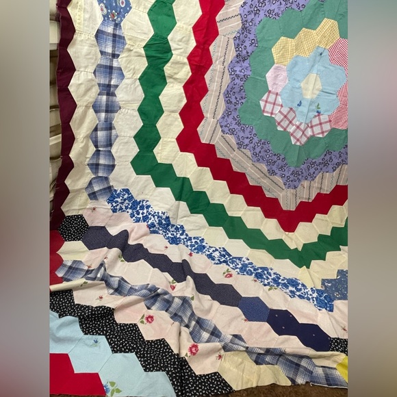 Vintage Antique Hexagon Unfinished Quilt Top Handmade Hand Sewn 72 x 93 - Picture 2 of 13
